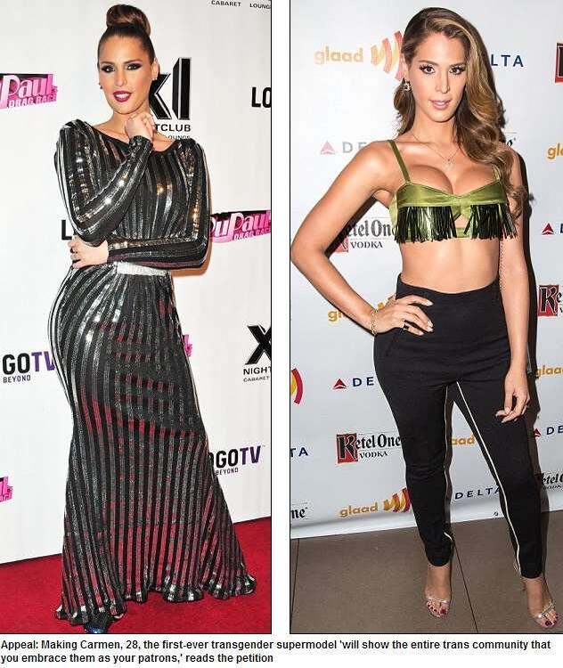 

O abaixo-assinado defende que a escolha de Carmen como o
rosto de uma grande e importante marca pode acabar com o preconceito e atrair a
clientela transexual para a marca. O organizador da petição, Marco Regalado,
acredita que é uma oportunidade para outras modelos transexuais


