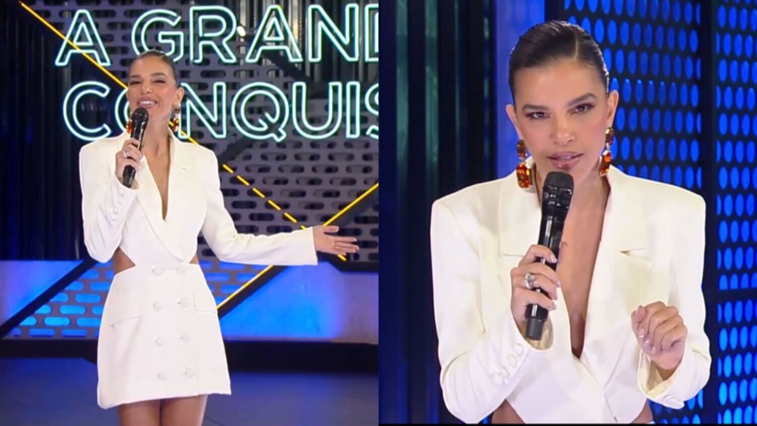 No clima da Festa Âmbar, Mari usou maxi brincos com a pedra tema do festerê! A apresentadora também apostou em vestido tuxedo branco com botões e recortes diferenciados. O modelo escolhido deixou a cintura marcada e valorizou as pernas de fora. Curtiu?  