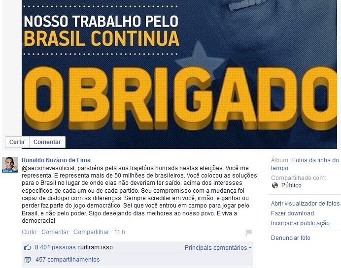 Curiosamente, um dos maiores apoiadores da Aécio durante a campanha, o ex-atacante Ronaldo Fenômeno, mostrou enorme espírito democrático, aceitando o resultado das eleições e sem partir para declarações "surtadas"