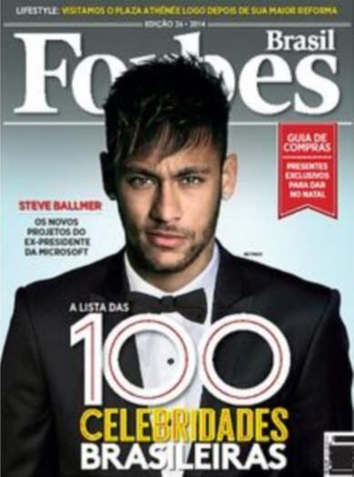 Com apenas 21 anos, Neymar foi eleito a personalidade mais influente do
Brasil do ano de 2014 pela revista Forbes Brasil, ultrapassando nomes como Ivete Sangalo e Paulo Coelho 