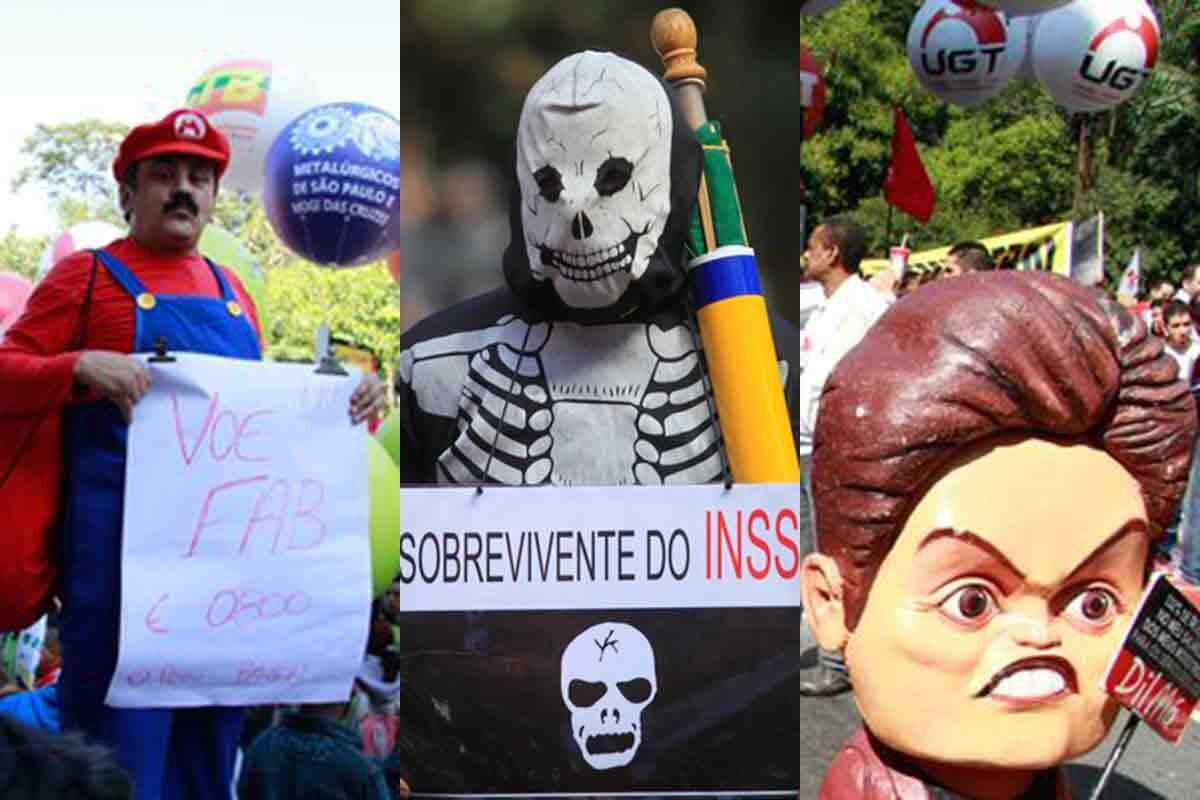 Manifestantes se fantasiam para protestar na avenida Paulista.
Vestidos de personagens irreverentes, eles protestam contra a Copa, Dilma e Feliciano