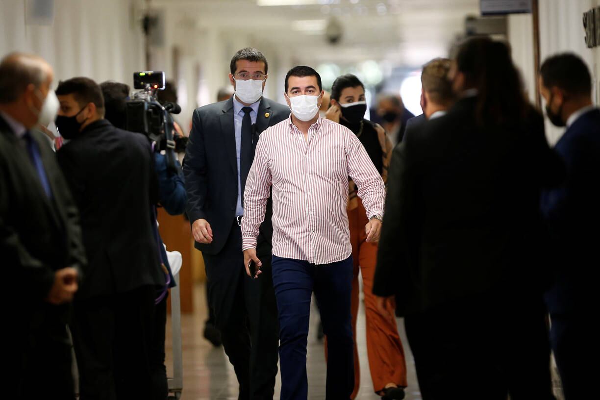Brazilian Federal Deputy Luis Miranda leaves a meeting of the Parliamentary Inquiry Committee (CPI) to investigate government actions and management during the coronavirus disease (COVID-19) pandemic, at the Federal Senate in Brasilia, Brazil July 1, 2021. REUTERS/Adriano Machado