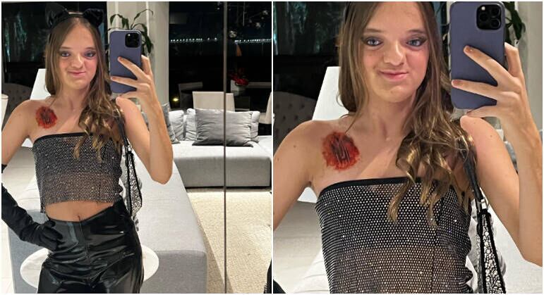 Em outubro, Rafa Justus montou um look cheio de tendências e apostou nos detalhes para fazer a diferença no visual ao curtir uma festa temática com amigas. A adolescente estava com um cropped com aplicações de cristais, calça preta de vinil e uma longa luva da mesma cor