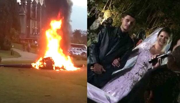 Helicóptero bateu em uma estrutura no momento do pouso, caiu e pegou fogo