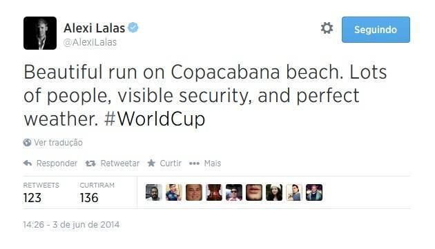 Depois, ele elogiou um dos principais pontos turísticos da Cidade Maravilhosa:

— Bela corrida na praia de Copacabana. Muitas pessoas, segurança visível e clima perfeito
