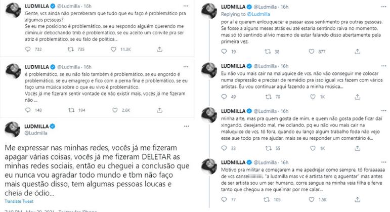 Ludmilla desabafa nas redes sociais
