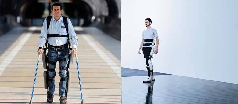 Da esquerda para a direita: os exoesqueletos ReWalk e HAL foram desenvolvidos para ajudar paraplégicos a andarem