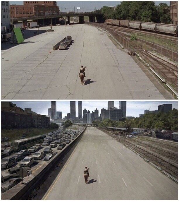 Nem sinal de zumbis a vista! E nem de carros. No fim das contas, Rick estava sozinho mesmo nas gravações da icônica cena da primeira temporada de The Walking Dead