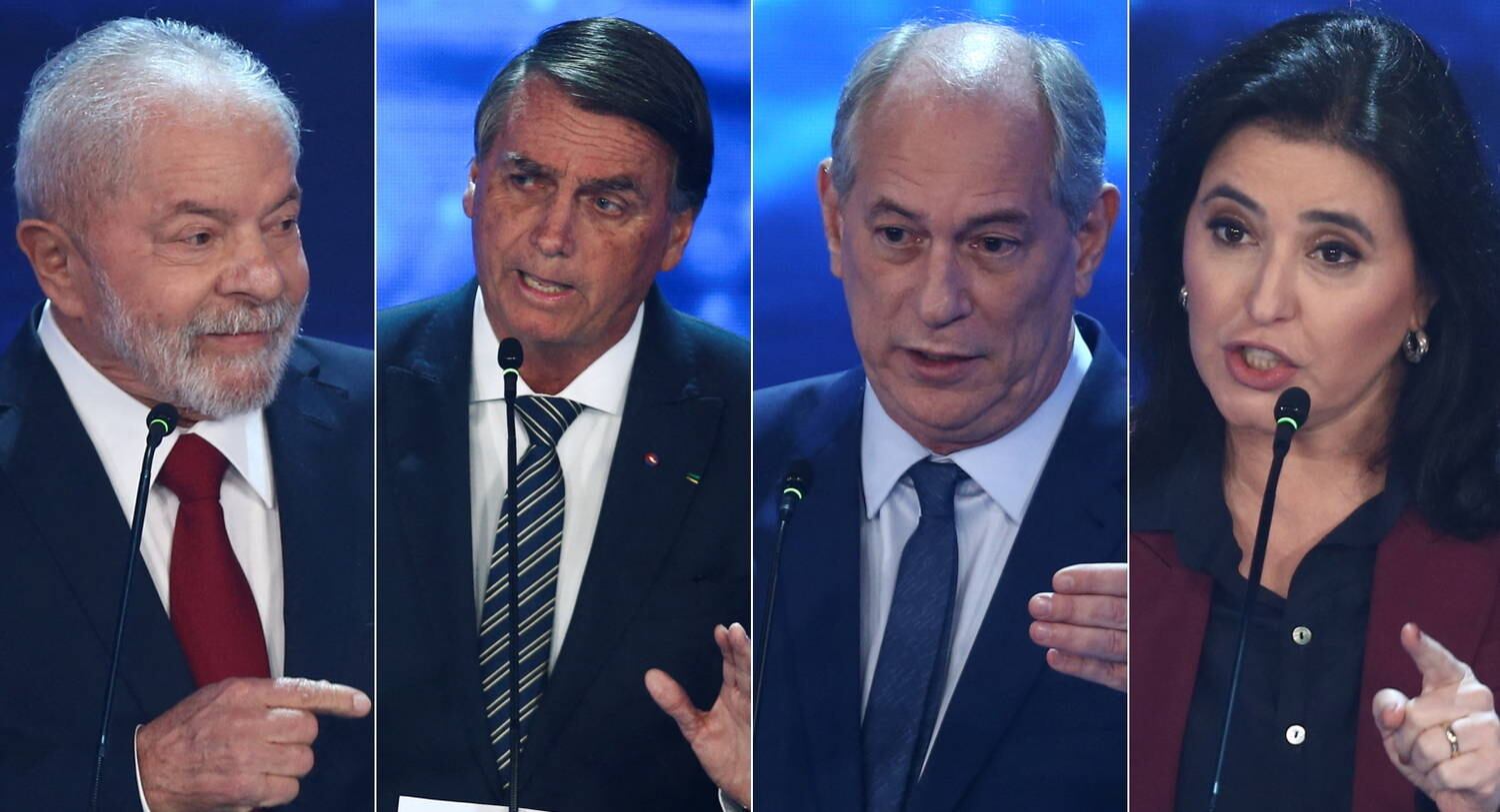 Luiz Inácio Lula da Silva (PT), Jair Bolsonaro (PL), Ciro Gomes (PDT) e Simone Tebet (União Brasil)