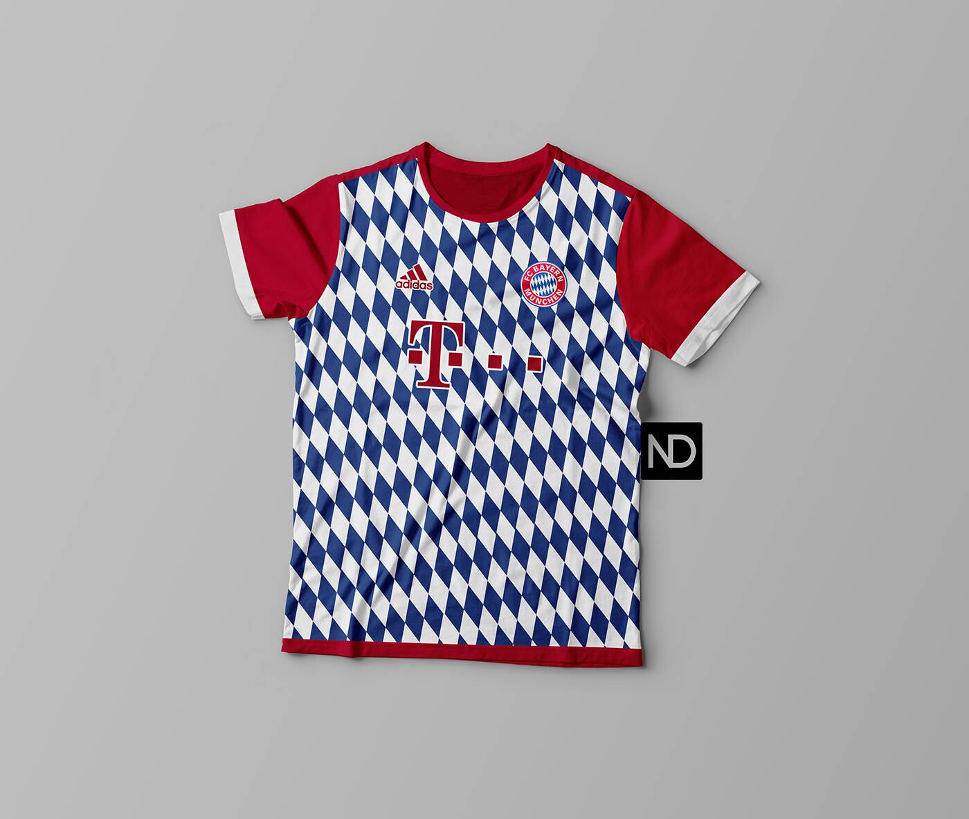 Na versão do Bayern de Munique, o designer seguiu a proposta fielmente e deu origem a uma camisa que mais pareceu uma toalha de mesa 