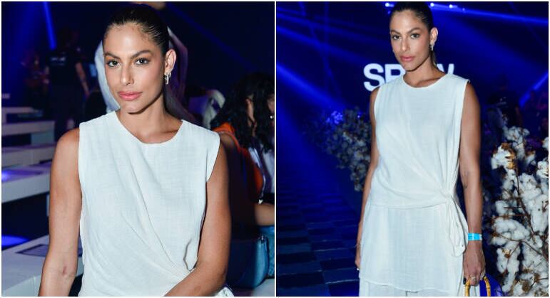 Mari Gonzalez foi flagrada na primeira fila de um desfile nesta noite de quinta. A morena estava usando um conjunto de linho branco, com estética bem clean, até na maquiagem leve 