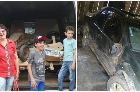 Vó Salvelina, os netos Marcos e Leandro e o carro após o acidente