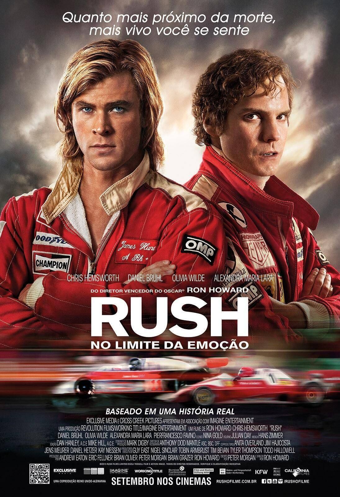 Rush: No limite da emoção (2011) - "Anos 1970. O mundo sexy e glamoroso da Fórmula 1 é mobilizado principalmente pela rivalidade existente entre os pilotos Niki Lauda e James Hunt. Eles possuíam características bem distintas: enquanto Lauda era metódico e brilhante, Hunt adotava um estilo mais despojado, típico de um playboy. A disputa entre os dois chegou ao seu auge em 1976, quando ambos correram vários riscos dentro do cockpit para que pudessem se sagrar campeão mundial de Fórmula 1"