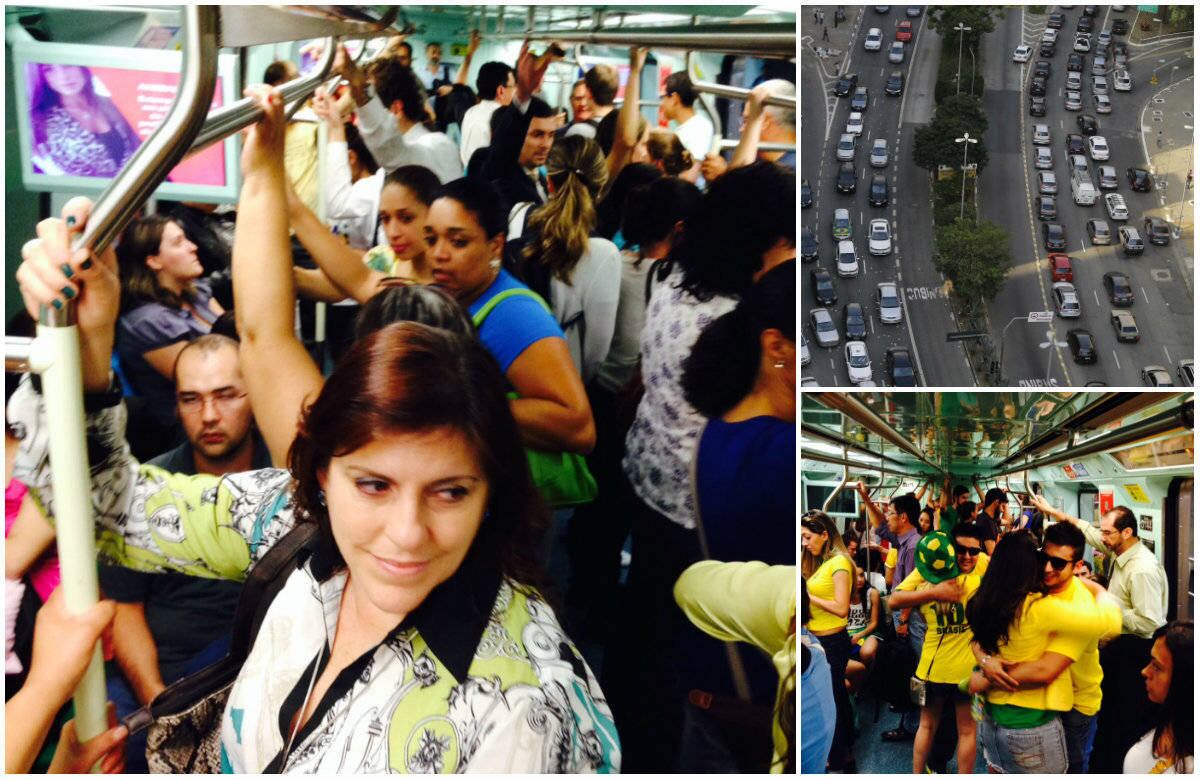 A cidade de São Paulo viveu seu horário de pico mais cedo nesta terça-feira (17), data em que ocorre o segundo jogo do Brasil na Copa do Mundo. Por volta das 14h, o trânsito na cidade era muito acima da média e as estações de metrô estavam lotadas. Leia mais