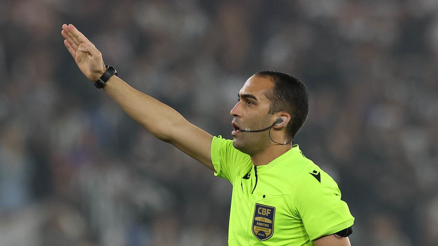 O árbitro Davi De Oliveira Lacerda, durante jogo entre as equipes do Palmeiras e Botafogo. Ele usa um uniforme verde e está com o braço esquerdo esticado