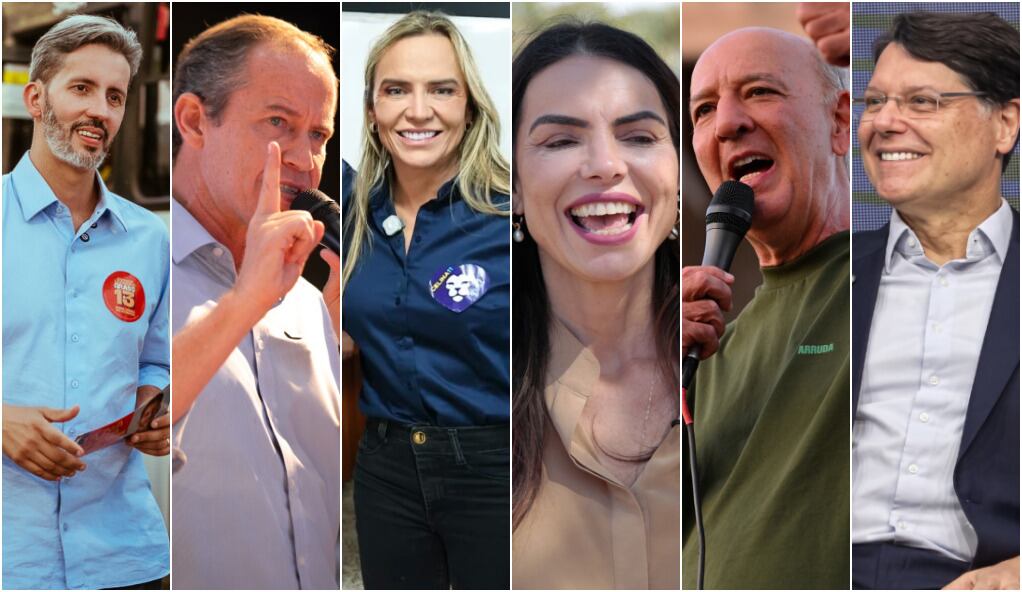 Candidatos ao Governo do DF. Leandro Grass, Ricardo Cappelli, Celina Leão, Paula Belmonte, José Roberto Arruda e Kiko Caputo