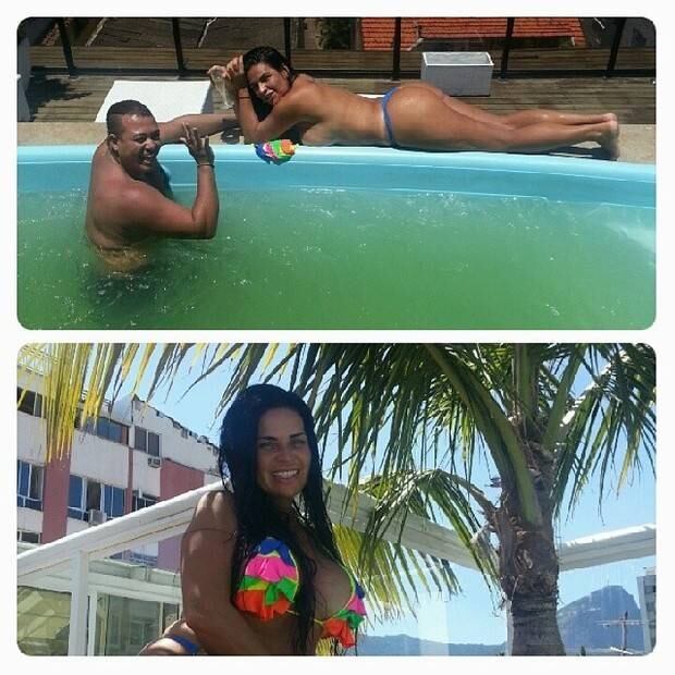 A fim de evitar a tão
desagradável marca de biquíni nas costas, Solange Gomes, mais uma vez, tratou
de dispensar a parte de cima de sua roupa de banho em dia de piscina
