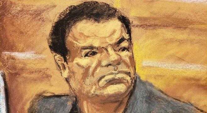 Desenho representa Joaquín "El Chapo" Guzmán, durante seu julgamento