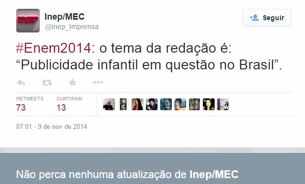 O Instituto Nacional de Estudos e Pesquisas Educacionais, responsável pela realização do Enem (Exame Nacional do Ensino Médio), divulgou tema da redação deste ano após o fechamento dos portões dos locais de prova às 13h