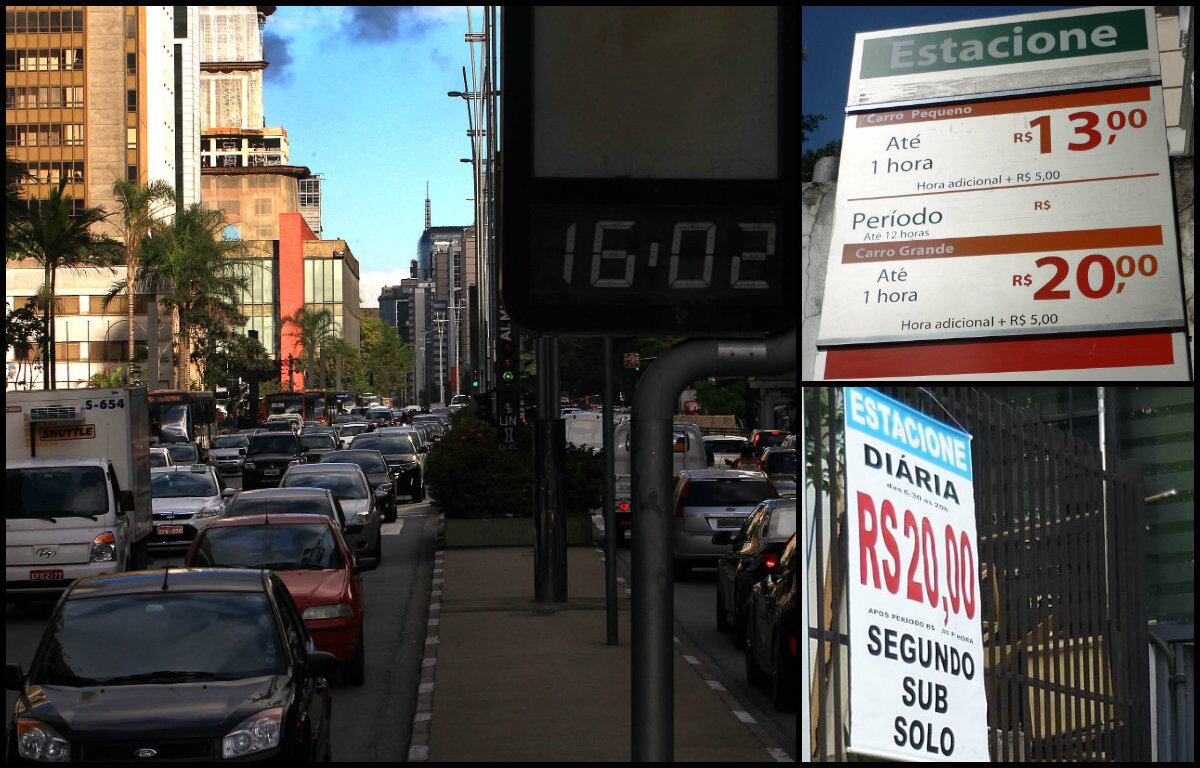 Avenida Paulista: estacionar no corredor financeiro custa desde R$ 10 por hora (altura do nº 500), valor que pode até dobrar dependendo do local. O preço da diária também varia muito e chega a R$ 40. Uma opção é parar em ruas paralelas ou travessas, como na rua Carlos Sampaio, onde a diária custa R$ 20 — mesmo preço cobrado para estacionar a moto por uma hora na avenida. Mas qual será a região mais cara? 
