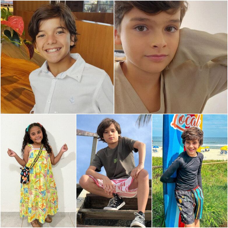 Em sentido horário, os atores mirins Guilherme Tavares, Pedro Burgarelli, Miguel Moro, Joana Lavrador e Flávio Bisneto