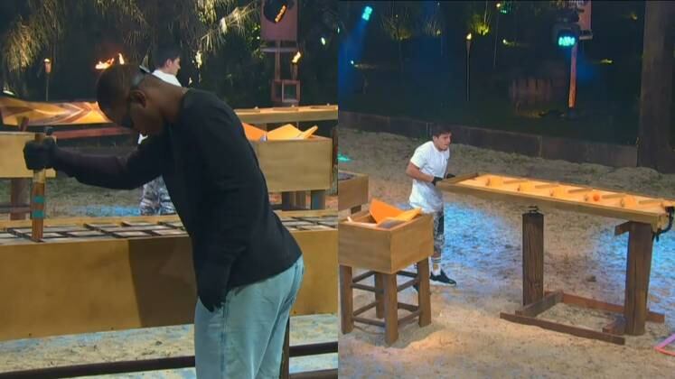 Negão da BL teve dificuldades para desvendar o labirinto às cegas. Enquanto isso, Thomaz avançou para a próxima fase. O ator usou o mesmo cabo para quebrar a tampa da caixa que escondia várias bolinhas e atravessou uma por uma pela mesa bamba 