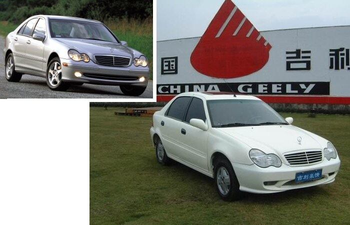 As cópias de carros europeus eram mais comuns antes da chegada das montadoras ocidentais à China. É dessa época o Geely Merrie 300, com visual (e só isso) do antigo Mercedes-Benz Classe C