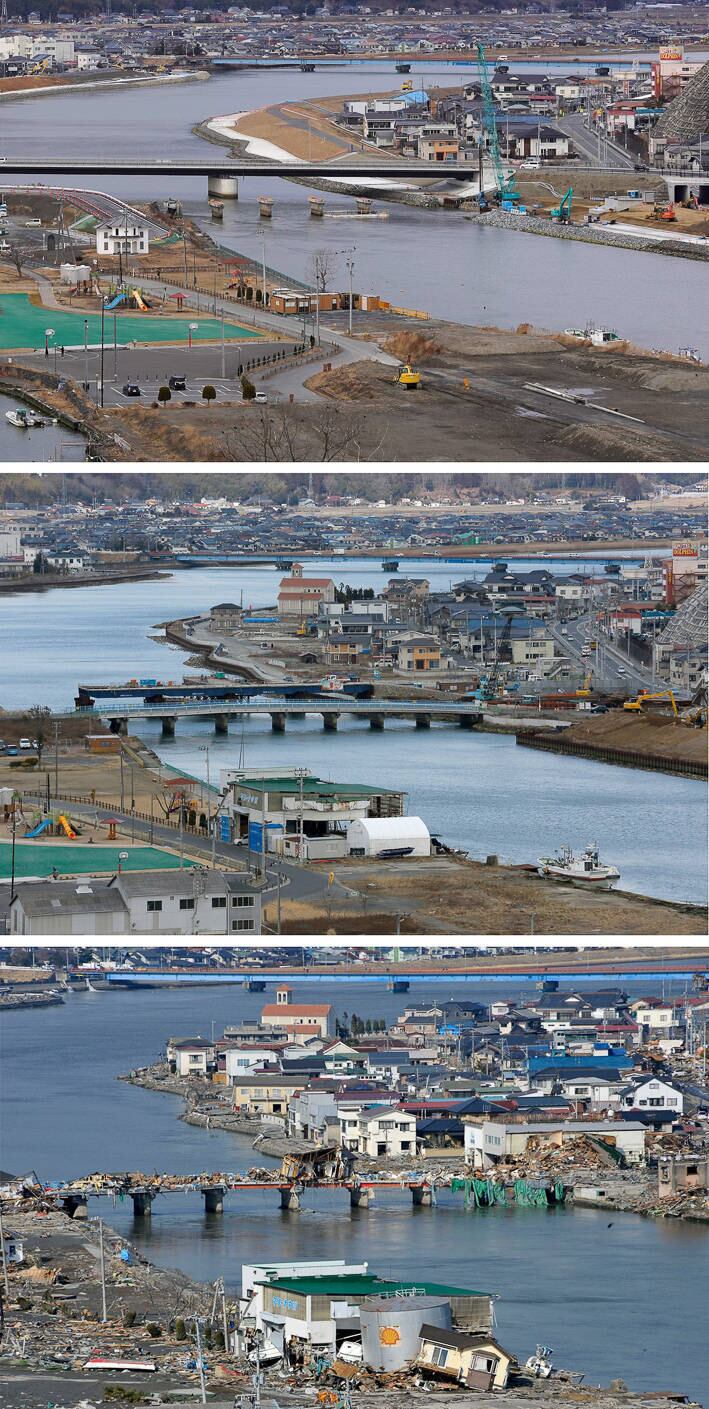 (Japan), 27/02/2016.- A picture combo shows (bottom to top) a partial view of the tsunami-devastated area of Ishinomaki is seen in Miyagi Prefecture, northern Japan, 13 March 2011, a view of the same area on 26 February 2016, and on 19 February 2021 (issued 09 March 2021). 11 March 2021 marks the tenth anniversary of the 9.0-magnitude earthquake and subsequent tsunami that devastated northeastern Japan and triggered a nuclear disaster at the Fukushima Daiichi Nuclear Power Plant. (Terremoto/sismo, Japón) EFE/EPA/KIMIMASA MAYAMA ATTENTION: This Image is part of a PHOTO SET *** Local Caption *** 52635437
