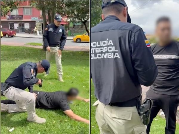 Duas fotos que mostram polícia no momento em que prende suspeito em praça