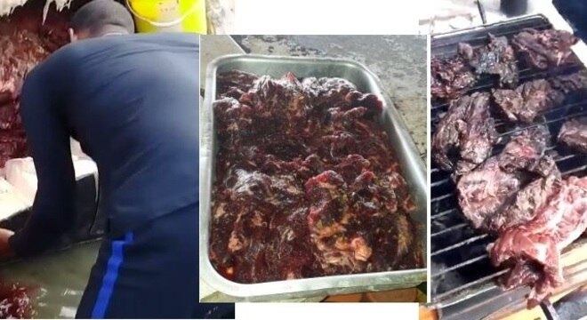 Moradores cortaram nacos da baleia encalhada e fizeram churrasco