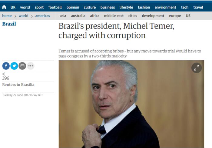 Já o jornal "The Guardian" explicou aos leitores britânicos o caso em que o presidente é acusado e a delação feita por Joesley Batista, dono da JBS, e afirmou que esse é um "duro golpe para um líder impopular e para a estabilidade política do maior país da América Latina"
