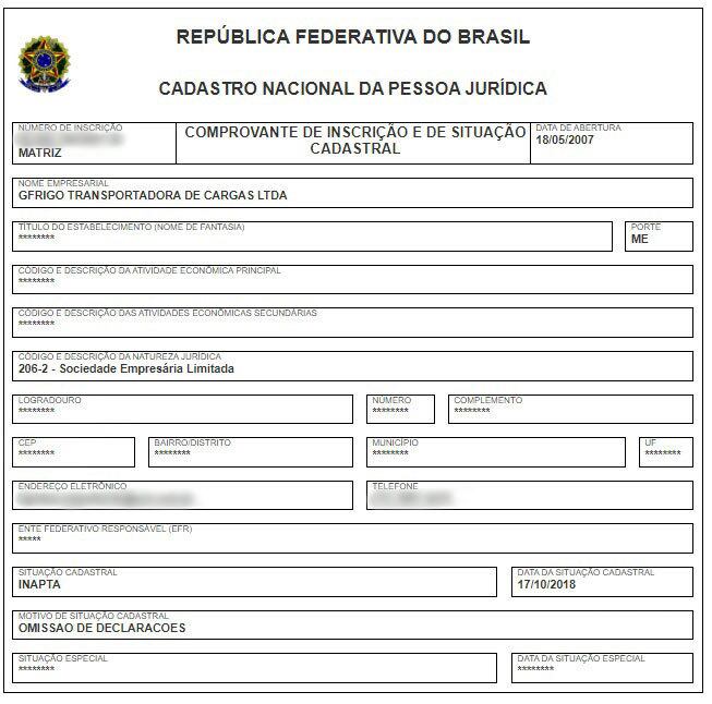 Cadastro da empresa GFrigo na Receita Federal