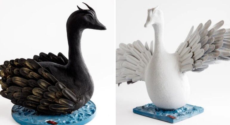 A inspiração para estas lindas aves de chocolate veio do balé "O Lago dos Cisnes", de Tchaikovsky. Há tanto a versão branca quanto a negra dos cisnes, tudo à base de cacau