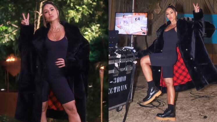 Mesmo no inverno, Sabrina Sato continua impecável em seus looks. A musa apostou em um sobretudo poderoso, que deu um tom elegante para a composição. A modelagem alongada e caimento pesado, contrastou com o macacão tradicional no mesmo tom. Novamente, a apresentadora optou por galochas, que além de super estilosas, são perfeitas para encarar qualquer desafio