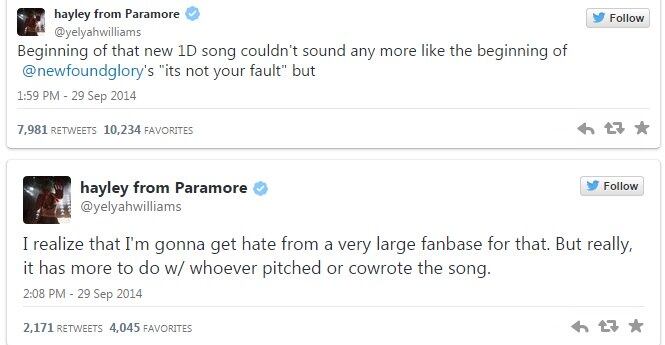 One Direction lançou na última segunda-feira (29) o single de Steal My Girl. E se por um lado a notícia agradou aos fãs, para a vocalista do Paramore, Hayley Williams, a faixa mais se parece com It's Not Your Fault do New Found Glory. No Twitter ela comentou o assunto.
– Eu percebo que vou ser odiada por um grande número de fãs por isso. Mas realmente, a culpa é de quem escolheu ou co-escreveu a música