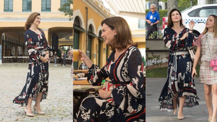 O passeio no Mercado Público de Florianópolis mostrou uma Ísis alegre e belíssima. O vestido longo e estampado parecia ter sido feito sob medida para a Werner
