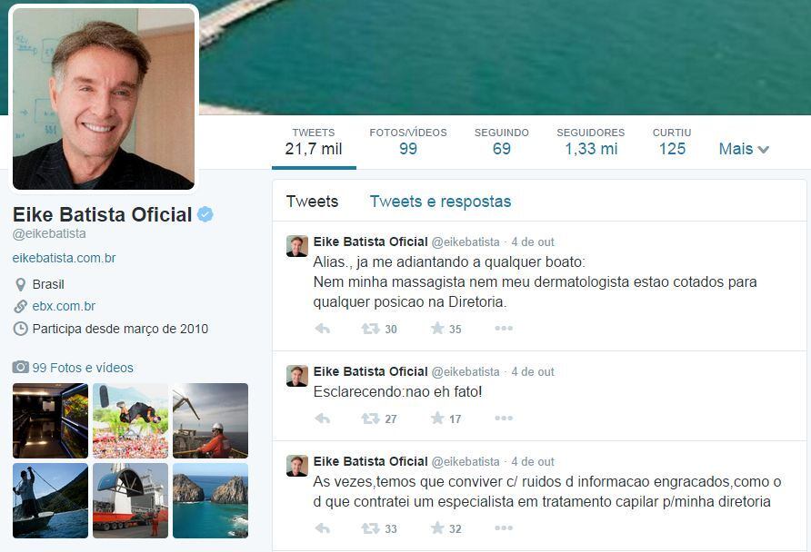 Dias
depois, Eike rompeu o silêncio de mais de um ano no Twitter para comentar a
repercussão de sua entrevista à Folha de São Paulo.




“Esclarecendo: A menção à classe media referia-se a sua capacidade (da classe
média) de adaptar-se a situações adversas... Não foi analogia com minha atual
situação financeira”, postou na rede social no dia 19 de setembro.



O ex-bilionário ainda afirmou pela rede social que não tem medo de
voltar à classe média.


— Falava da origem da minha
família e dos desafios que tenho enfrentado, querendo dizer que não temo voltar
a ela! Eike