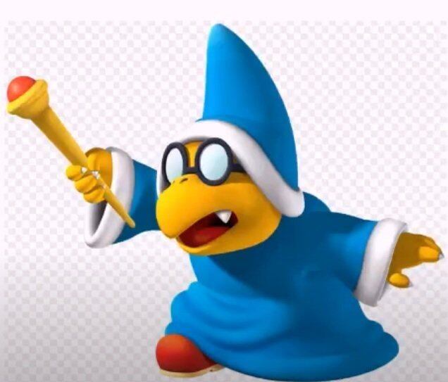 Nome do personagem: Kamek - Ele se tornou um dos vilões do jogo, sendo que antes era alguém que apenas recebia ordens de Bowser. Como sua vestimenta reforça, Kamek é um bruxo.
