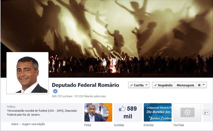 O deputado Romário (PSB-RJ) também é um dos que fazem
sucesso nas redes sociais. O polêmico ex-atleta aproveita a fama do futebol
para a política e soma mais de 1,5 milhão de seguidores em suas redes. A
atuação lhe rendeu uma nota 6, próximo da máxima 7 do quesito influência na
pesquisa
