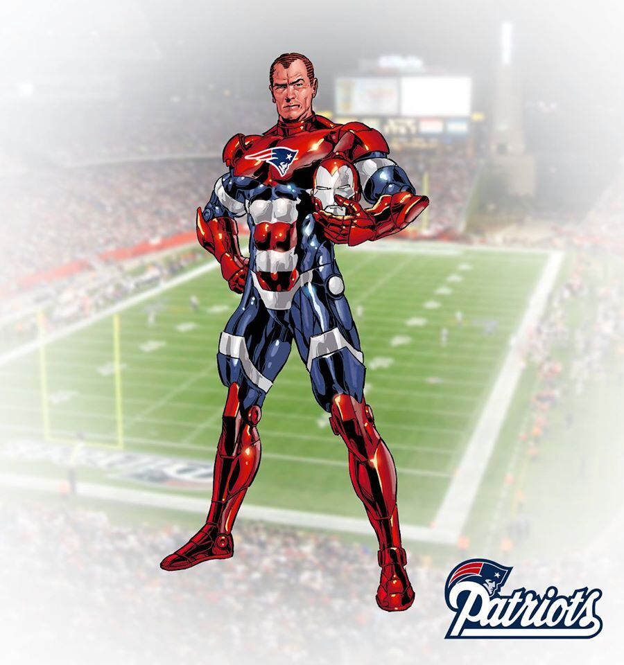 Patriota de Ferro (Marvel) - New England Patriots

Na entrevista ao R7, Francisco revelou como nasceu essa ideia.

— Surgiu antes do Superbowl desse ano, quando o Chris Evans, ator que interpreta o Capitão América no MCU (Universo Cinematográfico da Marvel) e torcedor do Patriots, apostou com o Cris Pratt (Star Lord) torcedor do Seahawks, que o perdedor do SB teria que visitar um hospital que trata crianças com câncer caracterizado como seu personagem. Pensei "é muito clichê o Capitão America torcer pro Patriots". Então me veio a cabeça pra que times os personagens poderiam torcer.