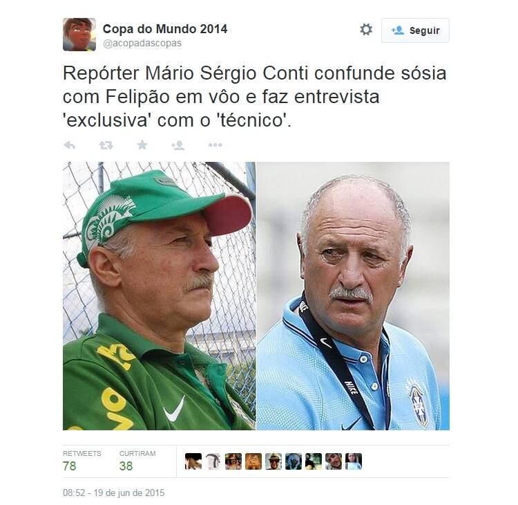Até a histórica e cômica entrevista de Mário Sérgio Conti com o sósia de Felipão também foi lembrada pelo perfil, que segue postando as informações até a data da final da Copa