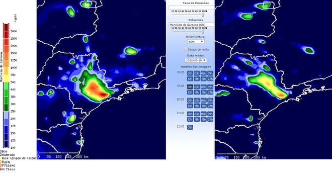 Entre 19 (à esquerda) e 25/3, emissão de CO diminuiu em grandes cidades brasileiras