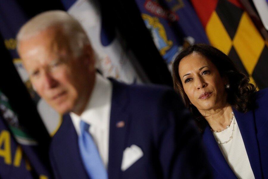 Joe Biden e Kamala Harris no primeiro evento de campanha dos dois