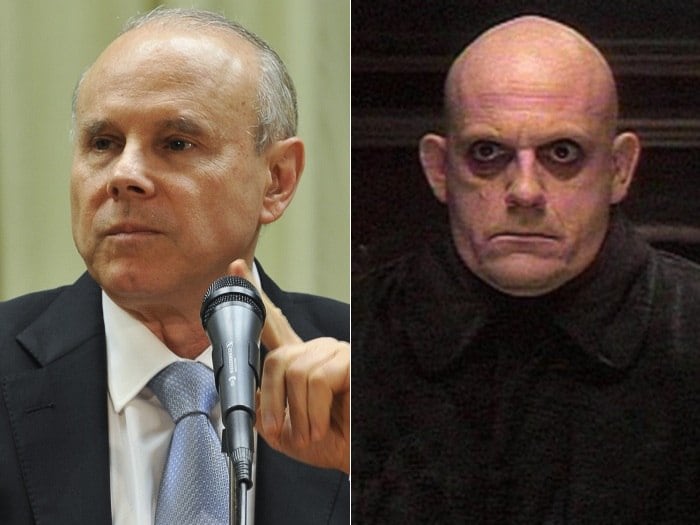 O olhar sério e a escassez de cabelos fazem com que o ministro da Fazenda, Guido Mantega, e o personagem Tio Chico, do filme "A Família Addams", fiquem bem parecidos. O ator Christopher Lloyd atuou no papel no filme gravado em 1991
