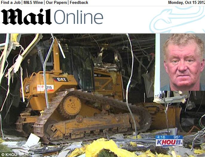 Lynn Benson, de 52 anos, estava descontente com seu trabalho em uma casa
de leilões e resolveu usar uma escavadeira para invadir o local.
O surto do funcionário causou prejuízos de mais 1,5 milhão de dólares (cerca de R$ 3 milhões) para a loja