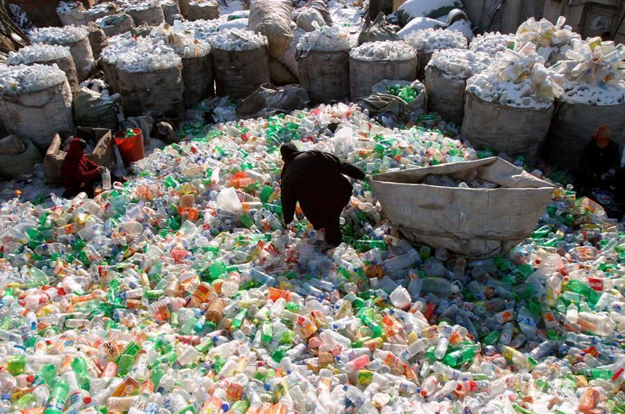 Funcionários de uma empresa de gestão de resíduos selecionando material plástico na China