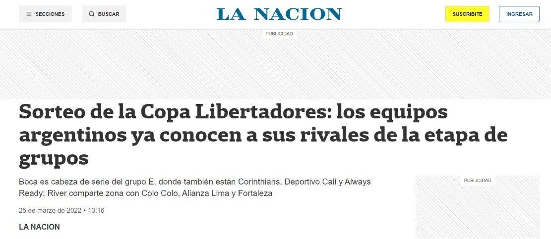 O argentino 'La Nación' destacou os grupos de Boca Juniors e River Plate.
