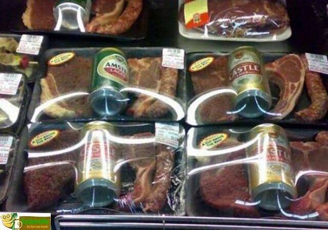 E na hora de comprar as coisas, facilitar é sempre bom! Carne que já vem com uma cerveja junto é irresistível, não tem como não comprar!