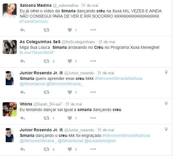 Os fãs foram ao delírio com a performance de Simaria e bombaram de comentários sobre o assunto nas redes sociais
+ VÍDEO: Que loucura! Simaria se solta até demais ao dançar Créu no palco da Xuxa