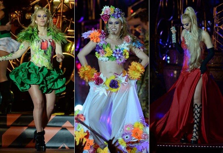 Joelma não tinha como passar despercebida na gravação do novo DVD da banda Calypso. Além de ser a vocalista da banda, ela ousou com looks extravagantes e coloridos